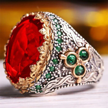 Red Emerald Men's Ring Turkey Retro Domineering Personality Ring AMULET RING STORE