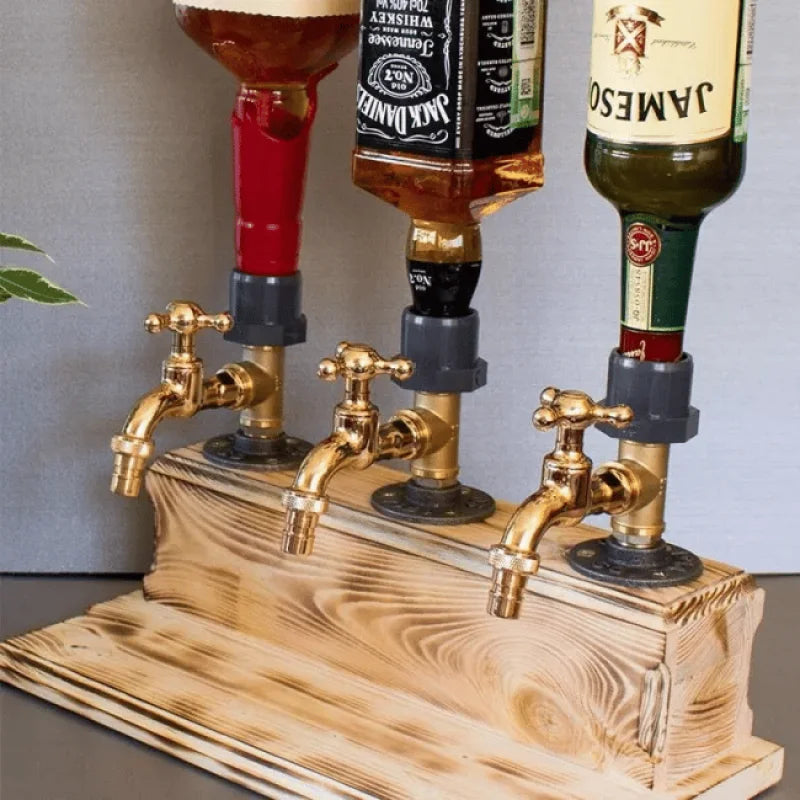 Whiskey Wood Dispenser 1/2/3-Heads Faucet Shaped Dining Table Wine Holder Liquor Stations Pipe Diffuser Bar Accessories - AMULET RING STORE