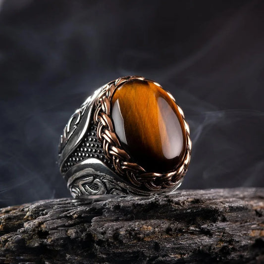 Brown tiger eye stone men and women retro new trend ring Turkish handmade spiral carving ring party niche jewelry