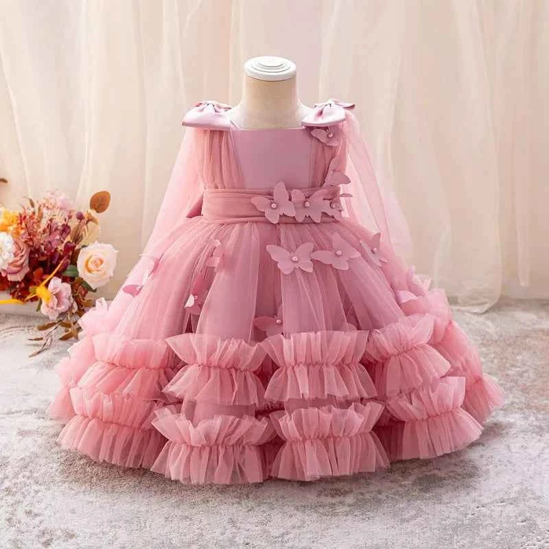 Girls  princess dress 1-5 Y baby Girls wedding sleeveless three-dimensional butterfly mesh carnival birthday party evening dress
