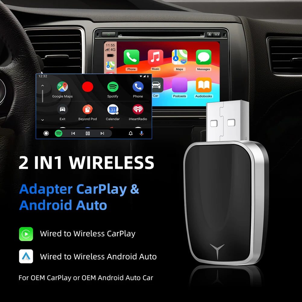 Wired To Wireless Carplay & Android Auto Mini Adapter Bluetooth-Compatible 5.0 WiFi for Cars with OEM Wired CarPlay Android Auto - AMULET RING STORE