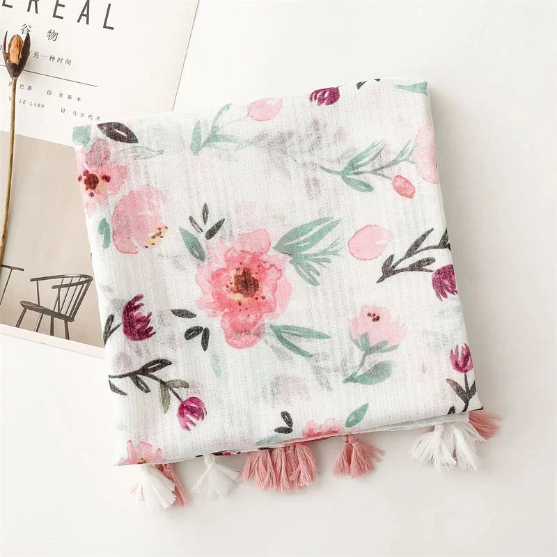 White Pink Flower Women Scarf Shawl Cotton Linen Feeling Tassel Pashmina Muslim Hijab Wrap Lady Viscose Scarf Foulard