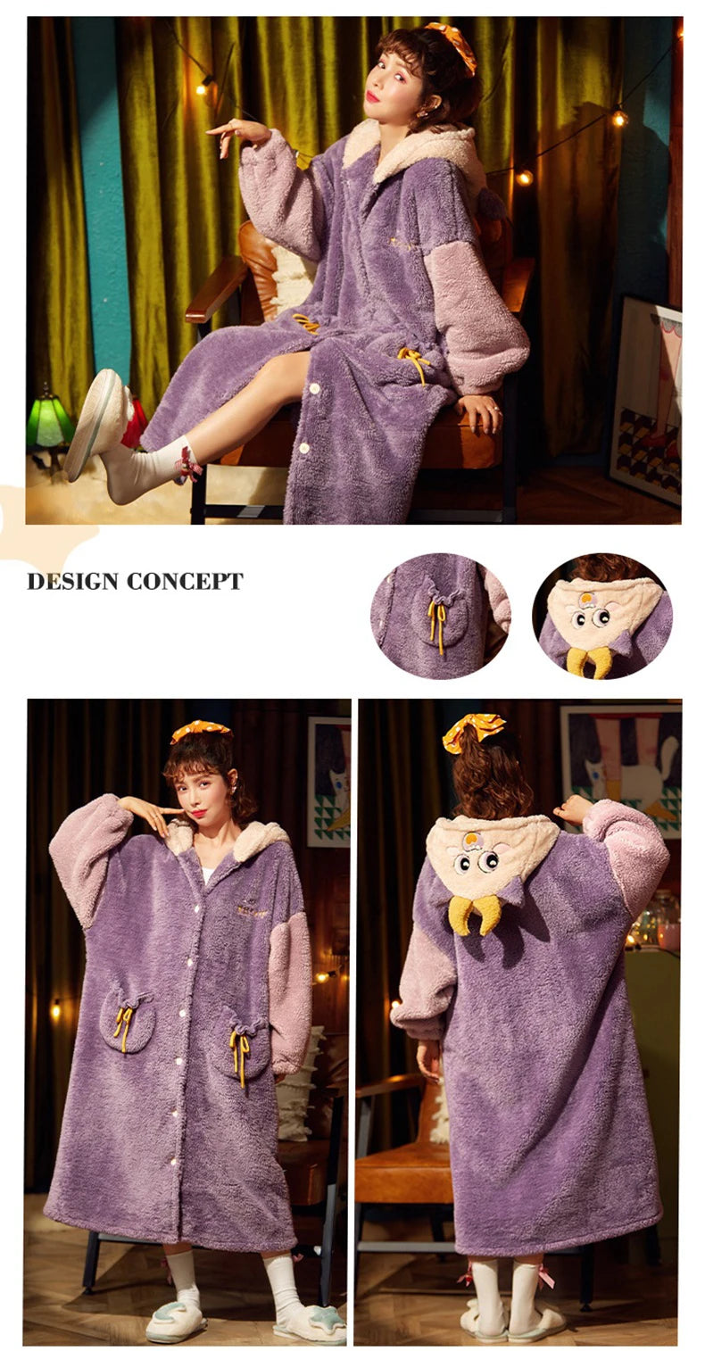 2024 Winter Pajamas For Women Cartoon Hooded Long Robe Strawberry Jacket Cute Home Wear Sleepwear Kawaii Flannel Warm Bathrobe - AMULET RING STORE