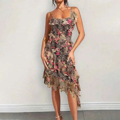 Sexy Club Party Midi Dresses Women Fashion Leopard Print Halter Backless Slim Bodycon Vestidos Robes Female Ruched Ruffle Dress