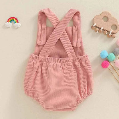 Infant Baby Girl Boy Overalls Rompers Summer Rainbow/Strawberry Embroidery Sleeveless Square Neck Suspender Ribbed Romper - AMULET RING STORE
