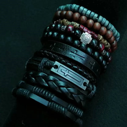 Khaki Tree 10 Pcs/set Black Wrap Woven Fashion Handmade Men Bracelets Male Women Leather Bracelets Men Bangle Wholesale Jewelry