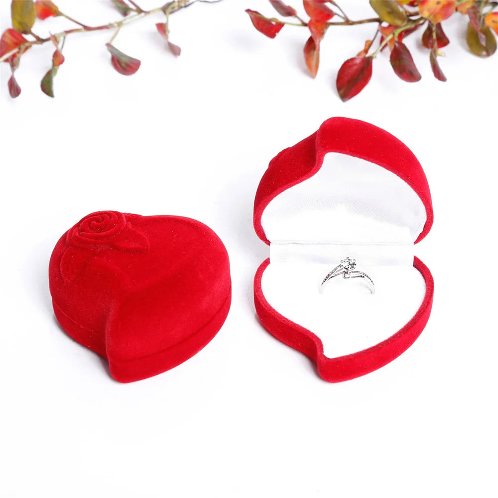 Heart-Shaped Velvet Jewelry Box Rose Flower Valentine'S Day Engagement Proposal Wedding Ring Box Gift Box Jewelry Organizer Case - AMULET RING STORE