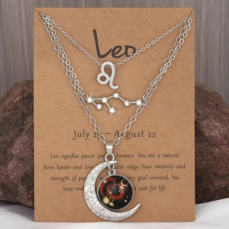 3 Pieces/Set Zodiac Retro Moon Glow Pendant Necklace Set with Birthstone Cards, Birthday Gift for Besties and BFFs