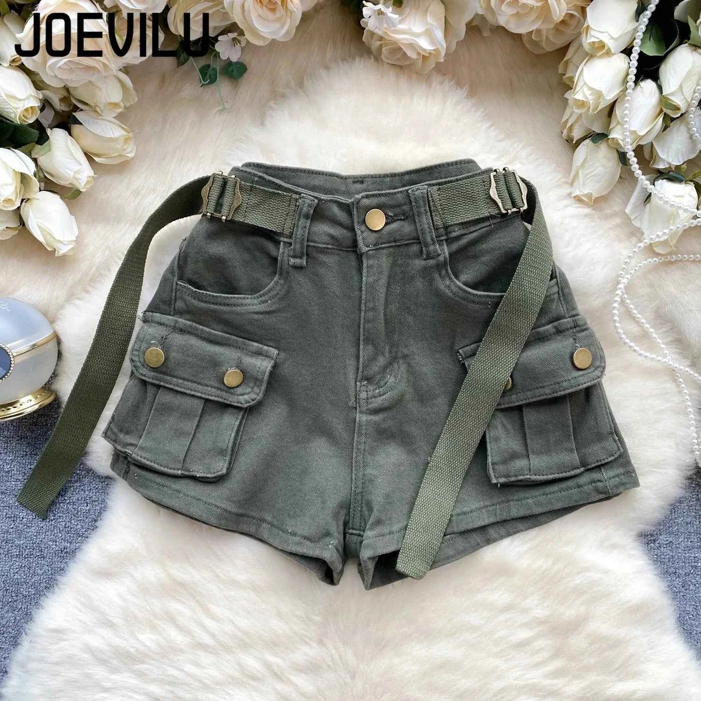 Women's Summer High Waisted Stretchy Denim Shorts Korean Cargo Style Slim Fit Ultra Short Hot Pants with Large Pockets for Dance