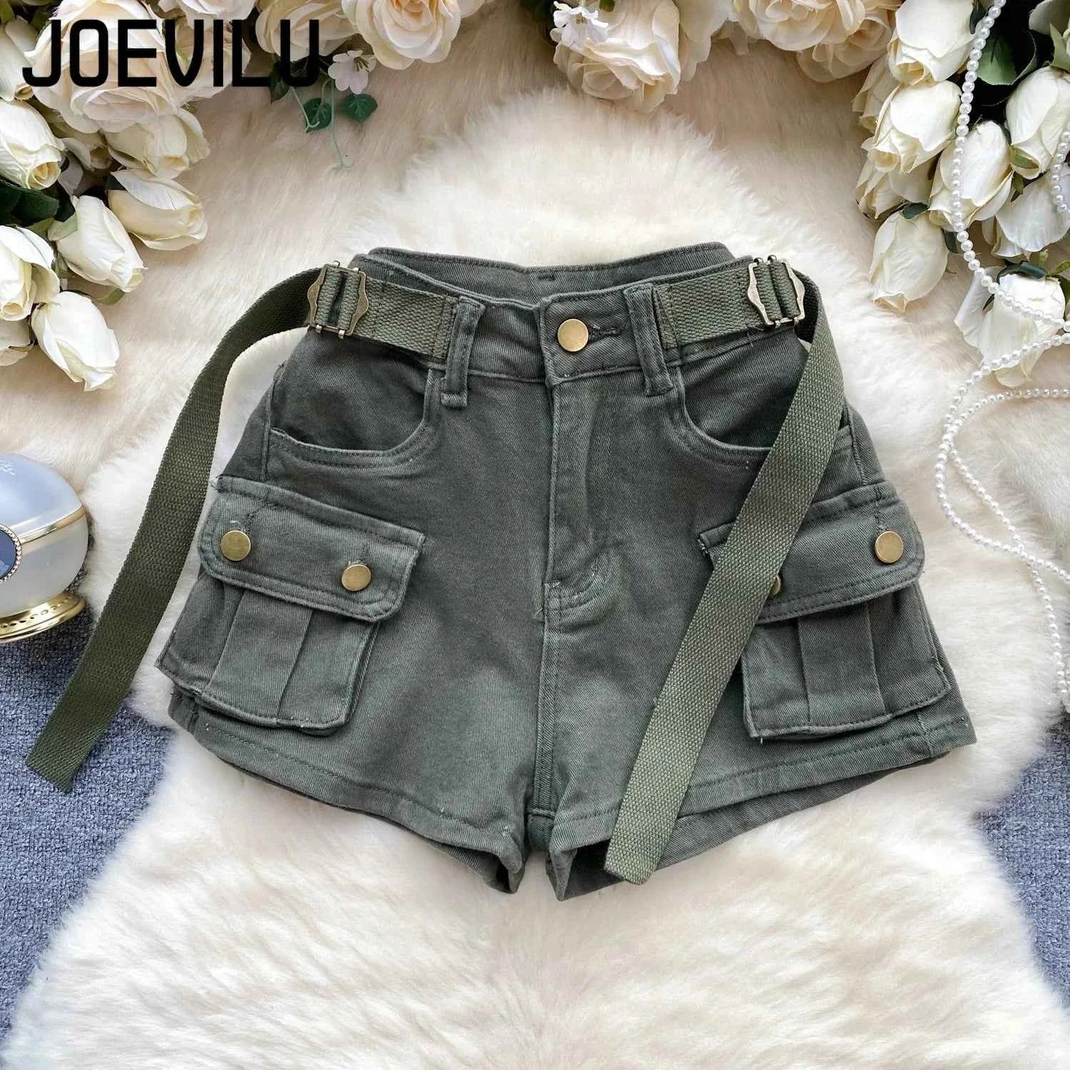 Women's Summer High Waisted Stretchy Denim Shorts Korean Cargo Style Slim Fit Ultra Short Hot Pants with Large Pockets for Dance