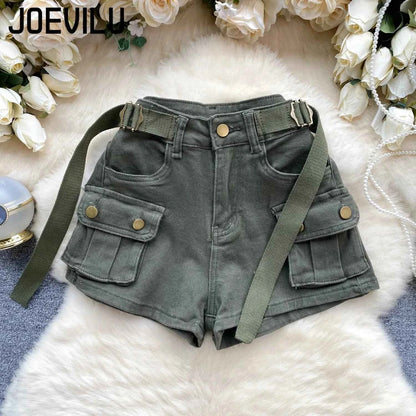 Women's Summer High Waisted Stretchy Denim Shorts Korean Cargo Style Slim Fit Ultra Short Hot Pants with Large Pockets for Dance