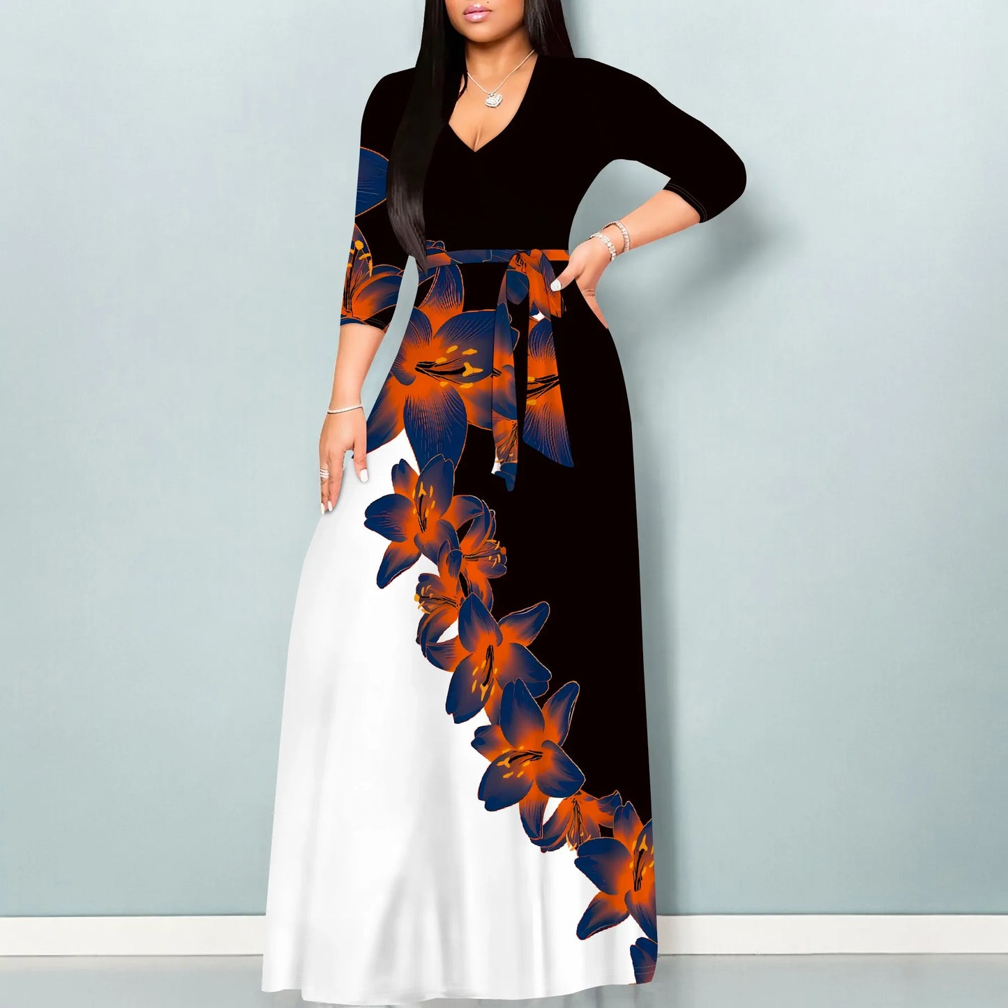 Floral V-Neck 3/4 Sleeve Wrap Maxi Dress with Belt - Women's Bold Elegant Party Evening Resortwear Date Night