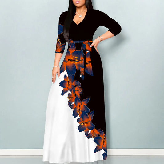 Floral V-Neck 3/4 Sleeve Wrap Maxi Dress with Belt - Women's Bold Elegant Party Evening Resortwear Date Night