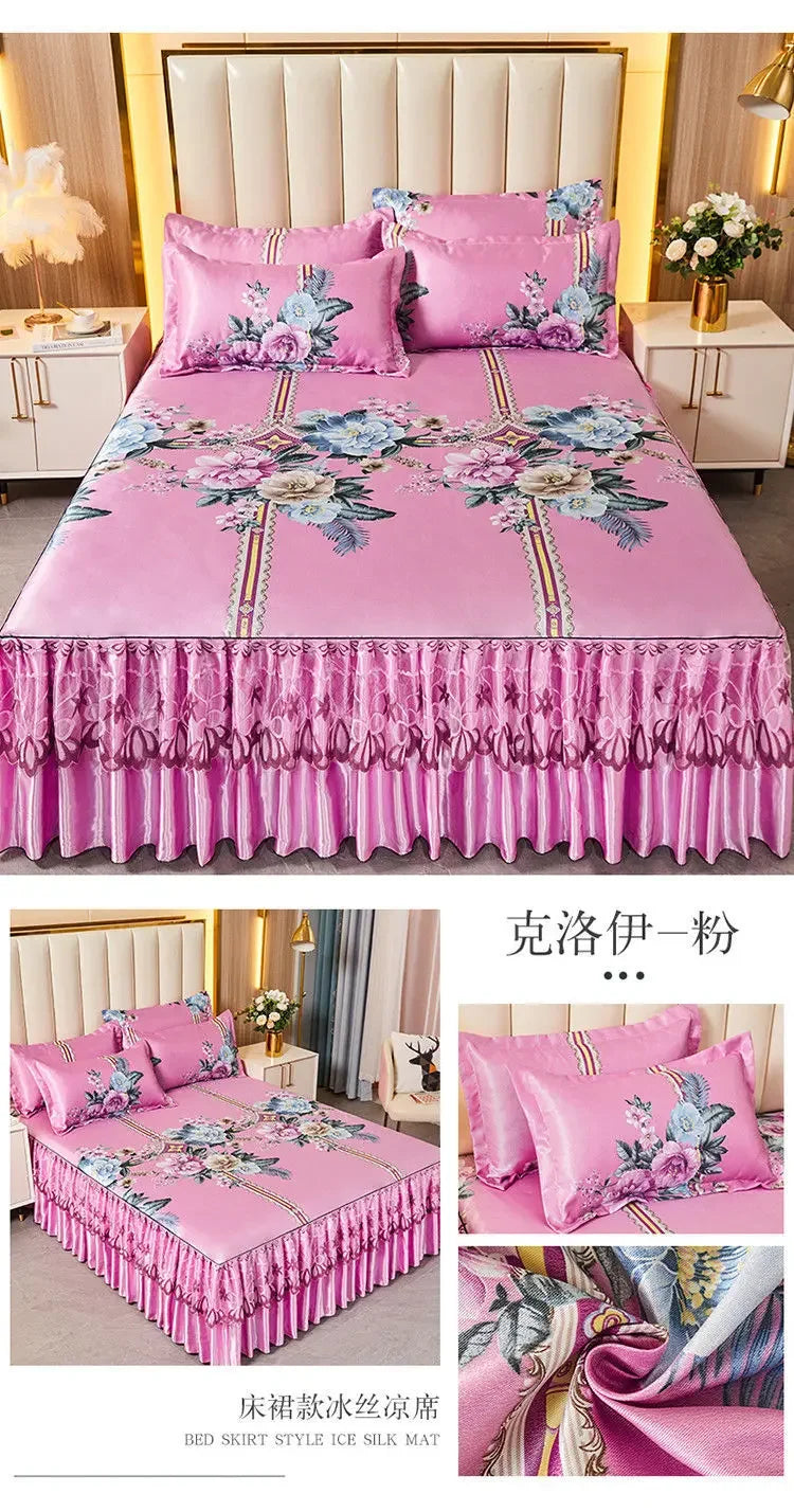 3Pcs/Lot Double Bed Sheet Set Classic Lace Royal Blue Bed Sheet Bed Skirt