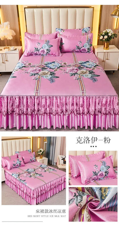 3Pcs/Lot Double Bed Sheet Set Classic Lace Royal Blue Bed Sheet Bed Skirt