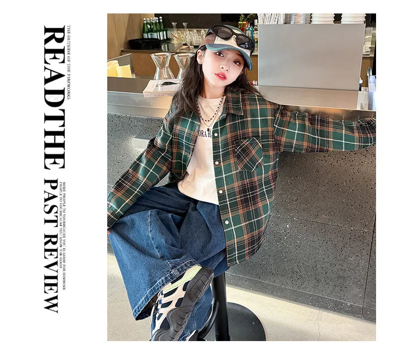 2025 Spring Girls Plaid Shirt Comfort Fashion Teen Kids Tops Clothes Casual All-match Long Sleeve Children Blouse 10 12 13 Years