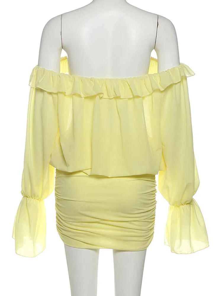 Sisterlinda Ruched Elegant Dress Women Sexy Hollow Ruffles Shirring Slash Neck Backless Puff Sleeve Street Fashion Mini Bodycon