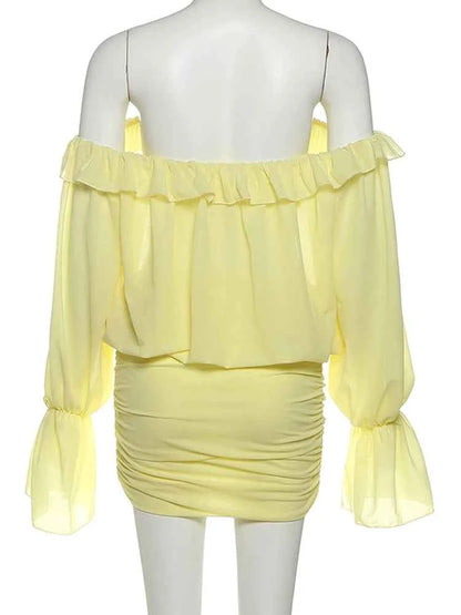 Sisterlinda Ruched Elegant Dress Women Sexy Hollow Ruffles Shirring Slash Neck Backless Puff Sleeve Street Fashion Mini Bodycon