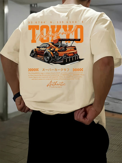 Men's Summer 100% Cotton Fashionable Casual Loose Large Size Japanese Tokyo Pattern Printed Round Neck Short Sleeve T-shirt Top - AMULET RING STORE