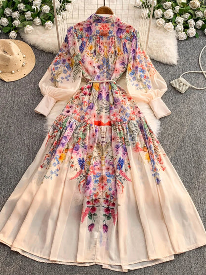 Faionable Print Long Dr Women's Spring Belted Waist Pleated Lantern Sve Turn-down Collar Dr Korean Sle Commute