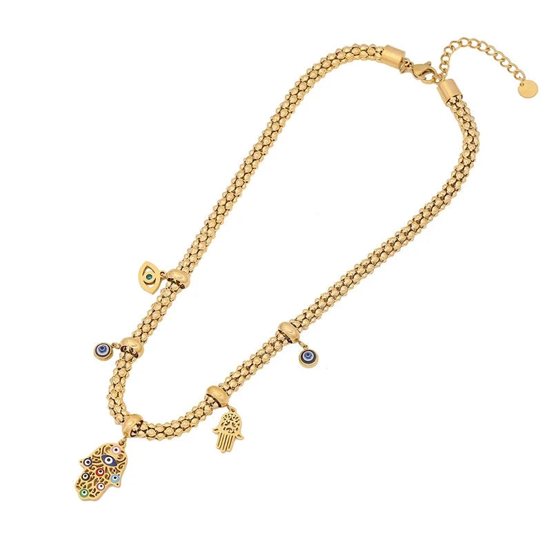 316L Stainless Steel New Fashion Fine Jewelry Colourful Eyes Palms Charm Hollow Thick Chain Necklace Bracelet Earrings For Women - AMULET RING STORE