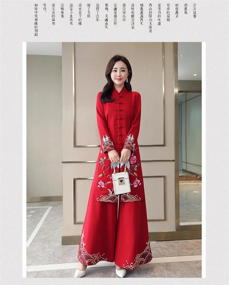 Long Ethnic Style Cheongsam Set Spring and Autumn Drop Feel Wide Leg Pants Mom Retro Slim Straight Tube Embroidery Two Piece Set