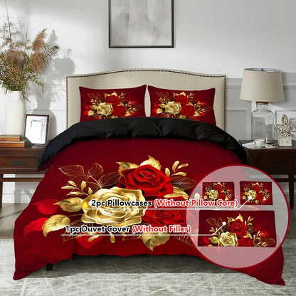 3pcs Golden Rose Duvet Cover Set，Soft And Breathable Bedroom And Dormitory Bedding，Includ (Duvet Cover*1+Pillowcase*2) - AMULET RING STORE