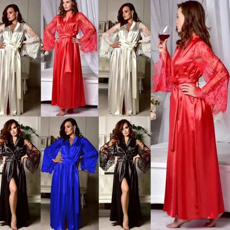 Sexy Nighties Lingerie Plus Size Pajamas Gown Imitation Ice Silk Lace Long Sleeve Women's Pajamas Panty Belt Set Sexy Goods