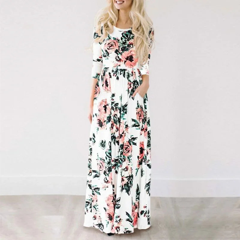 Women Summer Floral Print Maxi  2025 Loose White Boho Beach Dress Women Vintage Evening Party Long Dress Vestidos Female Robe