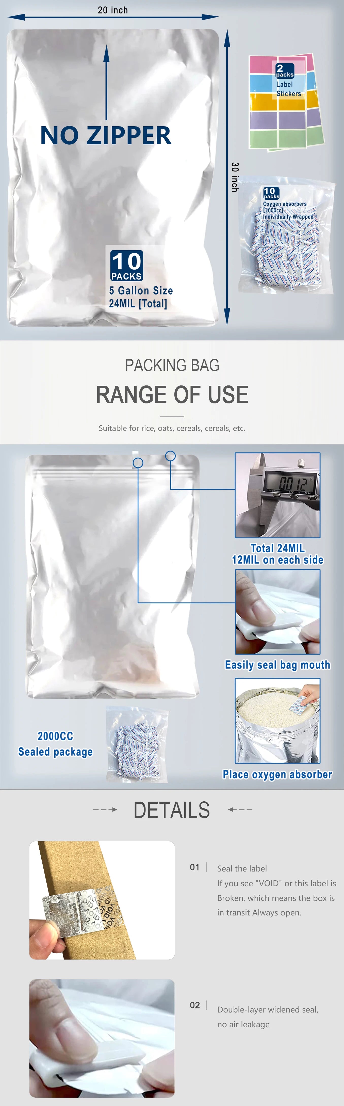 10pcs 5 Gallon Mylar Bags for Food Storage 12 Mil Thick Mylar Bags 5 Gallon with Oxygen Absorbers 2000cc Ziplock Resealable Bags - AMULET RING STORE