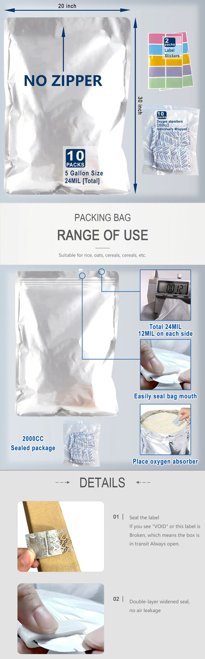 10pcs 5 Gallon Mylar Bags for Food Storage 12 Mil Thick Mylar Bags 5 Gallon with Oxygen Absorbers 2000cc Ziplock Resealable Bags - AMULET RING STORE