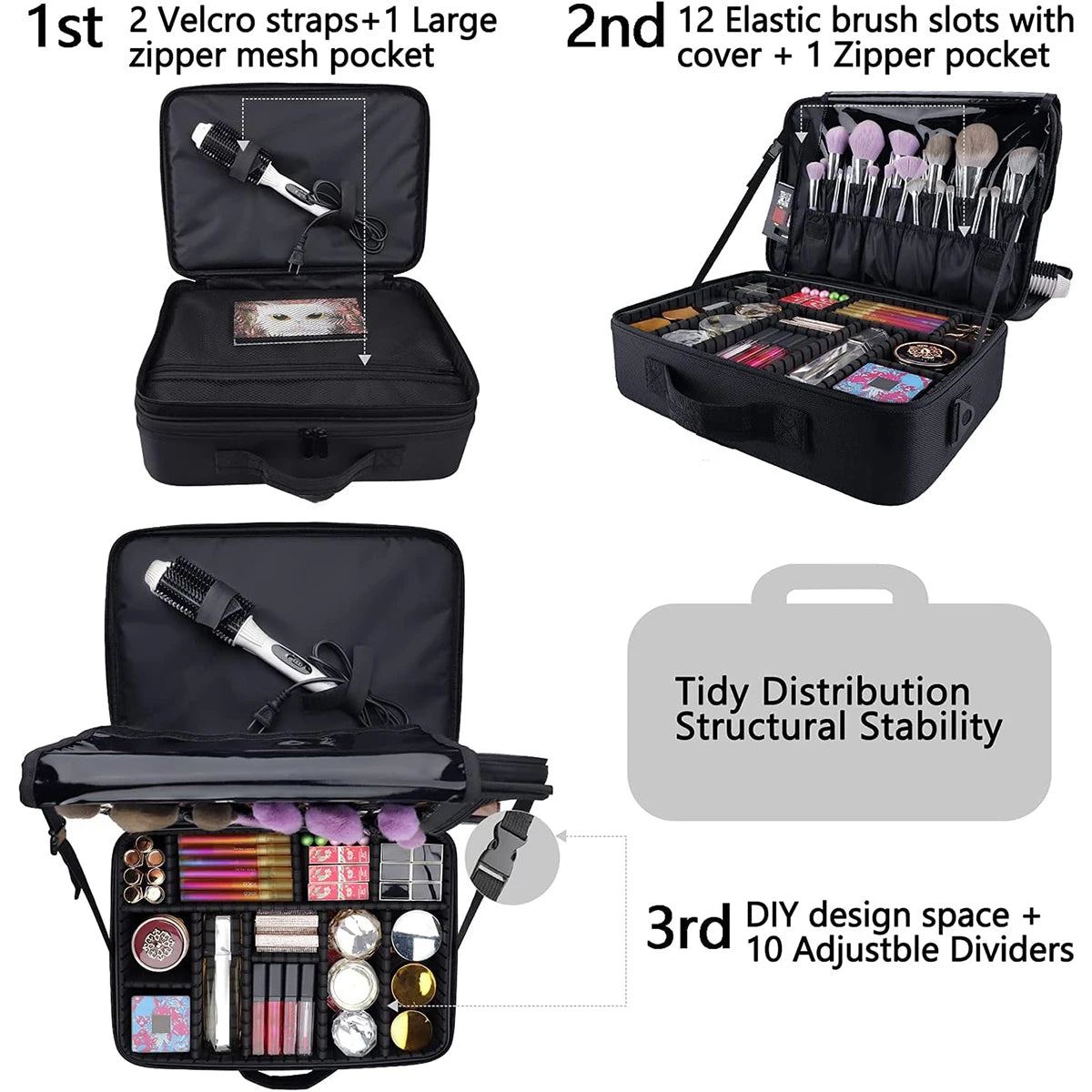 Large capacity travel makeup case, portable artist organizer with adjustable dividers and shoulder strap for toiletries jewelry - AMULET RING STORE