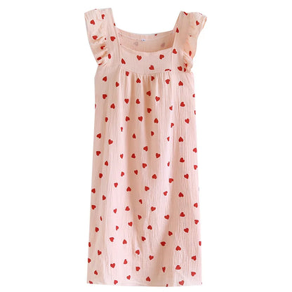 2025 Summer Women's New Sleeping Skirt 100% Cotton Crepe Wood Ear Edge Tank Top Skirt Love Belt Chest Cushion Home Dress Ladies