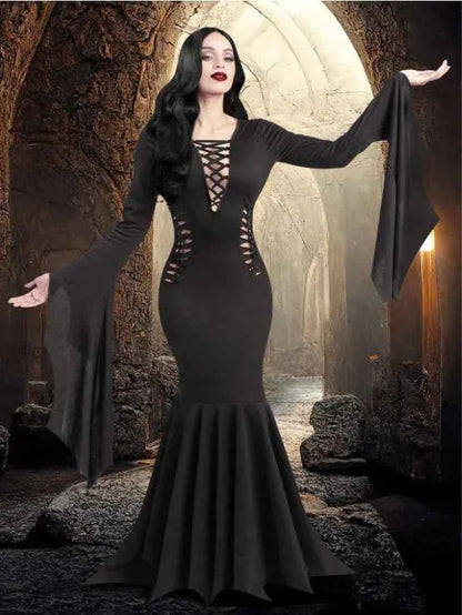 Plus Size Women Fashion Halloween Slimming Long Sleeve  Dress Ladies Sexy Bat Sleeve Fishtail Dress Women's Witch Party Dress