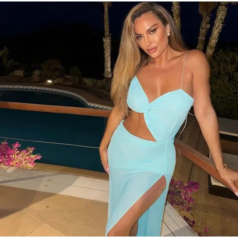 Vacation Hollow Out Mesh Long Sling Dress For Women Y2k Irregular Sleeveless Side Split Beach Suspender Dress Lady Evening Robe - AMULET RING STORE