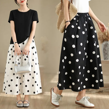THHONE Summer Skirt Women 2025 High Waist Loose Fashion Vintage Dot Casual Korean Style Elegant A-line Skirts Women's Clothing