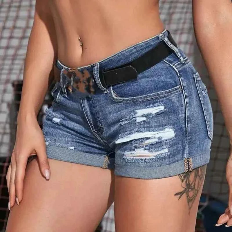 Women's Split Denim Shorts Summer Beach Wild Fashion Sexy Mid Waist Curled Cuff Perforated Elastic Slim Fit Casual Shorts