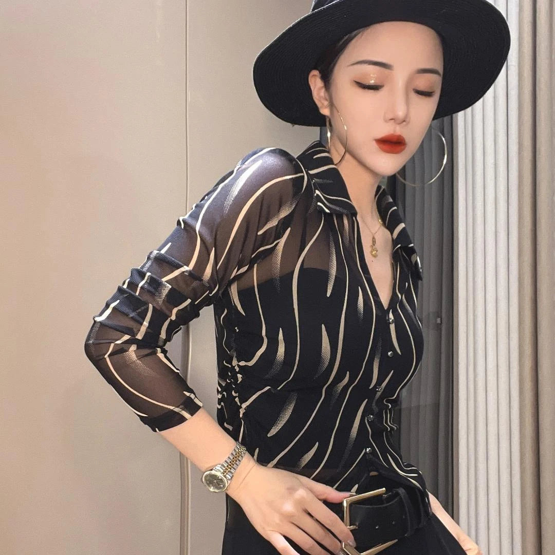 Female Crop Tops Striped Transparent Black Summer Full Long Sleeve Sexy Button Up Women's Shirt and Blouse See-through Chic M Xl