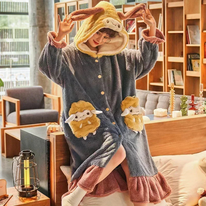 2024 Winter Pajamas For Women Cartoon Hooded Long Robe Strawberry Jacket Cute Home Wear Sleepwear Kawaii Flannel Warm Bathrobe - AMULET RING STORE