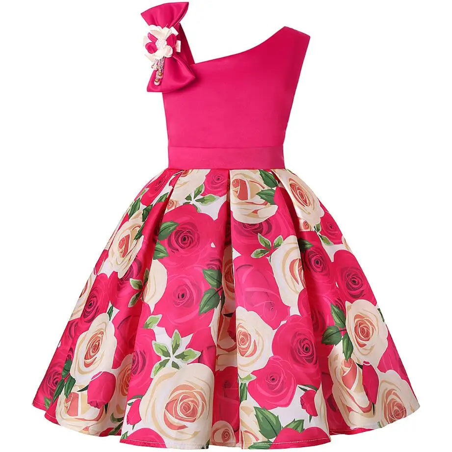 Summer Girls Rose Print Dress Princess Wedding Birthday Party Frocks Satin Children Vestidos Dresses For Girl Christmas Clothing