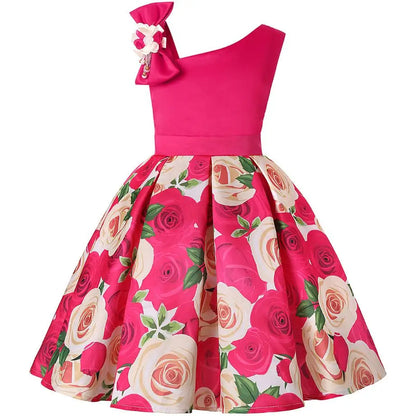 Summer Girls Rose Print Dress Princess Wedding Birthday Party Frocks Satin Children Vestidos Dresses For Girl Christmas Clothing