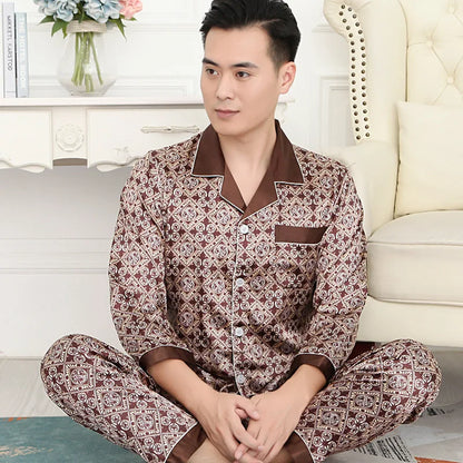 High Quality Pajamas Set Men Spring Autumn Thin Polyester Ice Silk Long-sleeved Sleepwear Plus Size Summer Home Clothes Male