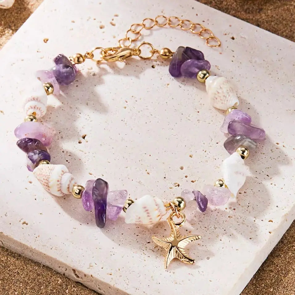 Bohemian Starfish Pendant Bracelet for Women Handmade Crushed Stone Beaded Bracelet Summer Beach Jewelry Travel Accessory Gift