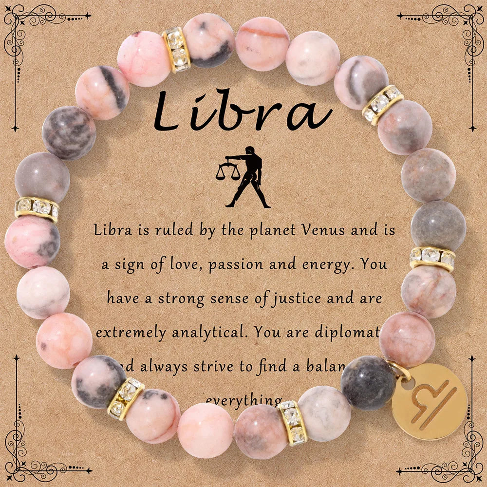 MHS.SUN 12 Star Zodiac Sign Pink Zebra Stone Beaded Bracelets Constellation Fashion Birthday Party Jewelry For Women Men