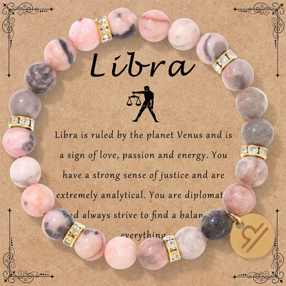 MHS.SUN 12 Star Zodiac Sign Pink Zebra Stone Beaded Bracelets Constellation Fashion Birthday Party Jewelry For Women Men