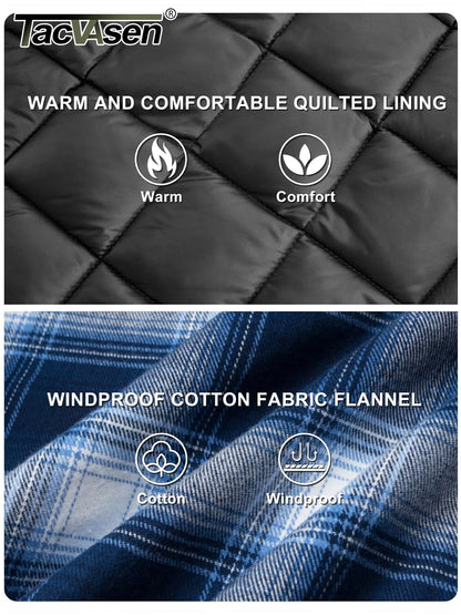 TACVASEN Winter Plaid Cotton Jackets Mens Long Sleeve Quilted Lined Flannel Shirt Jacket Multi-Pockets Outwear Hiking Coats Tops