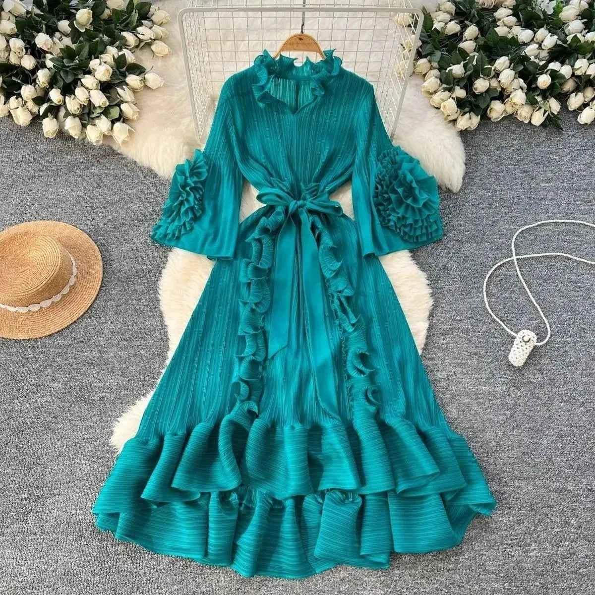 Miyaki Dress, Plus-Size, Ruched, with Fishbone Detailing, Ruffled Belt, Slim-Fit Midi Dress, Elegant and Casual A-Line Pleated Dress with High Elasticity