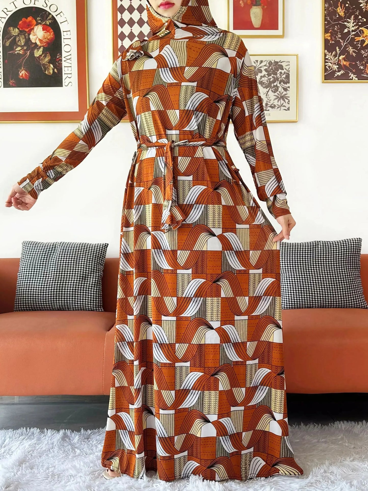 2025 Floral Ramadan Muslim Dress Solid Color Khimar Kaftan Abaya Robe with Attached Hijab Middle East Prayer Garment for Women - AMULET RING STORE