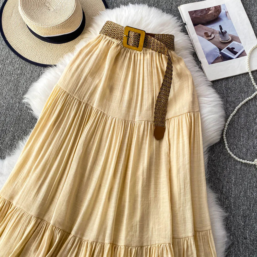 White High Waist A-Line Midi Skirt Women's Summer Casual Flared Cake Skirt Korean Sle Baking Poer Skirt for Young Women