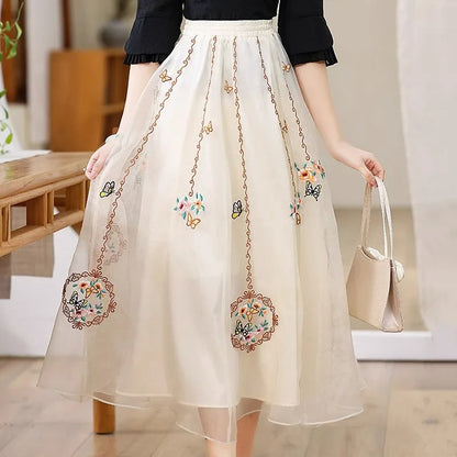 Chinese Style Retro Long Skirt Flowers Embroidered Summer Fairy Skirt Elastic Waist Gauze Skirt Party Lady A-line Skirts